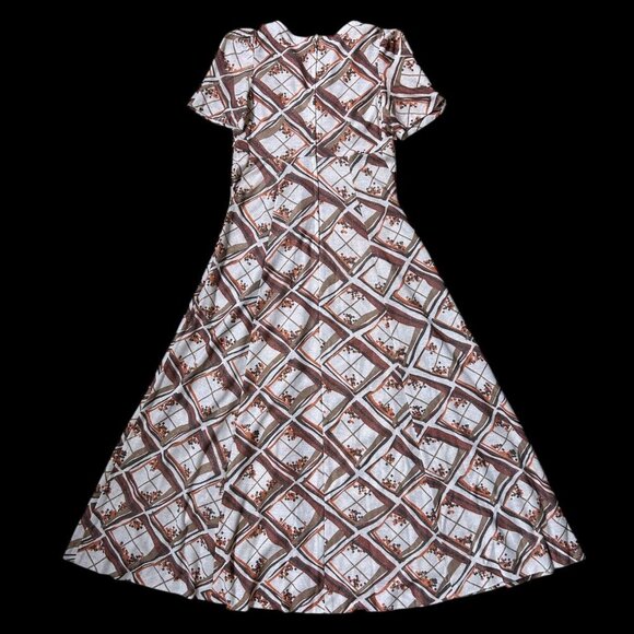 70s vintage geometric plaid print maxi dress abstract empire waist puff sleeve. - Picture 3 of 5